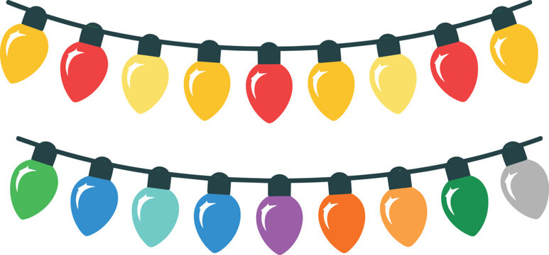 "Festive vector illustration of colorful holiday string lights with bright bulbs for celebration, decoration, and seasonal design"
