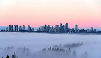 Fototapeta premium Metrotown Cityscape with Skyscrapers Flying in the Sky. Rising Above a Dense Low Fog