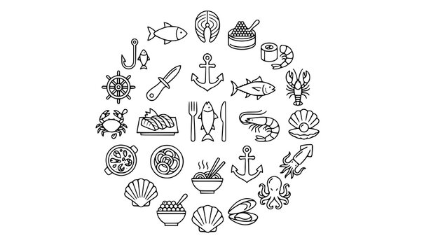 Seafood and nautical elements line art collection for culinary and marine design