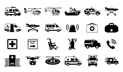 Emergency services icons set ambulance helicopter medical transport © Alamin