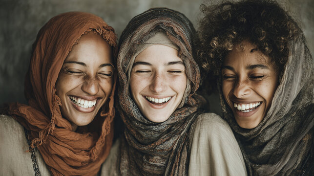 Three diverse Muslim women friends laughing together, sisterhood and friendship concept, modest fashion and traditional clothing, multicultural unity, joy and empowerment, warm nat