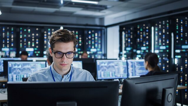 Young IT professional working on computer in data center with servers and monitors.