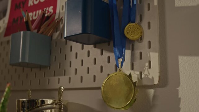 No people close up shot of gold medals and trophy hanging on pegboard in child room, representing academic or athletic success. For educational marketing, youth sports promos, or parenting ads