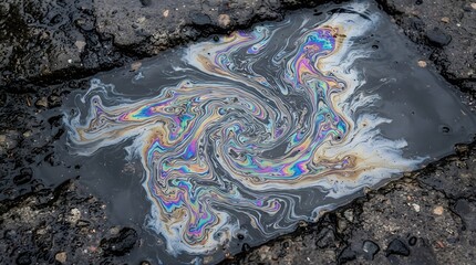 Naklejka premium Oil slick creates a rainbow swirl inside a water puddle on the cracked asphalt.