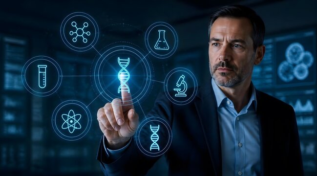 Scientist, man and dna with technology in laboratory for research, biotechnology and healthcare development. Specialist, medicine and interface with gene, genome and science in future for life now.