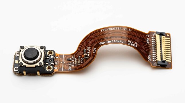 Flexible orange printed circuit board with a mechanical shutter button isolated on a white background surface