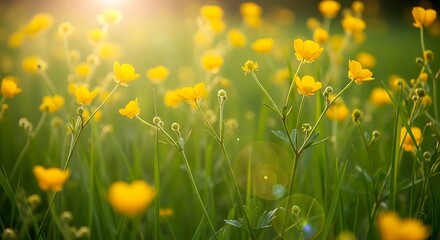 Fototapeta premium Sunlit meadow with vibrant yellow buttercup flowers in spring