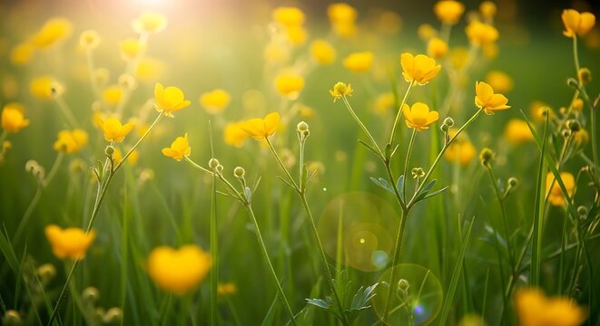 Sunlit meadow with vibrant yellow buttercup flowers in spring