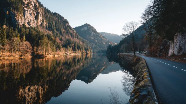 Serene Lake Reflected in Mountains Surrounded by Greenery Under Clear Sky with Calm Water and Tree-Lined Shore in Quiet Landscape