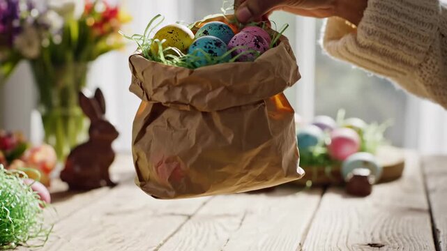 Hand reaches into paper bag to take out colorful Easter eggs. Bright light shines through window, creating warm setting. Concept of Easter celebration, spring events, family gatherings
