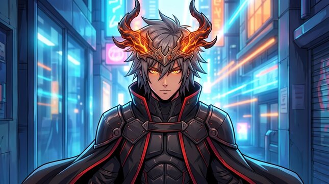 Anime character with glowing horns standing in a neon city street at night