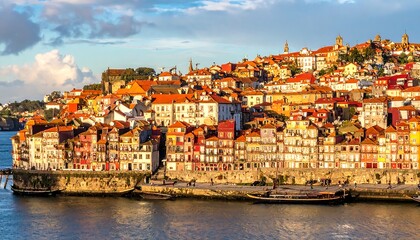 Fototapeta premium A picturesque riverside town with colorful buildings on a hillside