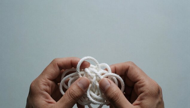 Description: Close up of hands untangling a white rope knot, concept of problem solving and education