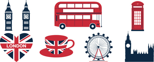 London Landmarks Vector Icon featuring Big Ben red bus telephone booth United Kingdom flag travel symbols tourism architecture and city navigation © Rashed