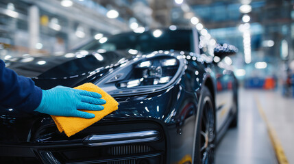 Obraz premium Car detailing expert polishing luxury black vehicle with microfiber cloth, high-end auto detailing process, ceramic coating and paint protection, glossy showroom finish, profession