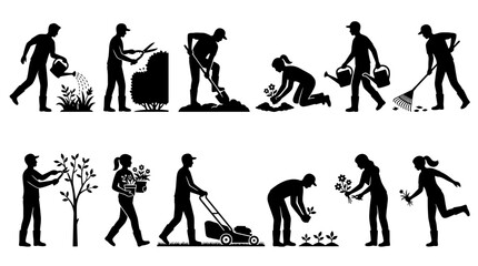 Naklejka premium Set of gardening and landscaping silhouettes depicting people watering plants, mowing lawns, pruning trees, and digging soil, illustrating professional and hobbyist horticulture activities.
