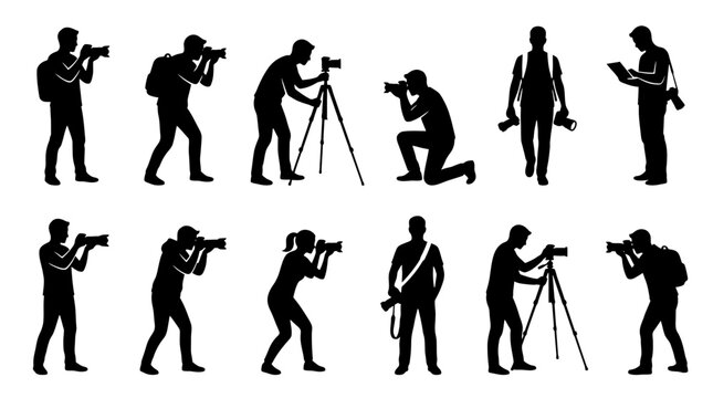 Group of photographer silhouettes in various poses, capturing images with professional cameras, using tripods, and working on location, representing creative photography and visual arts industry.