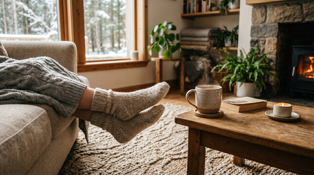 Warm winter morning routine featuring cozy socks on a textured rug, hot beverage nearby and soft natural light, comfort and relaxation concept