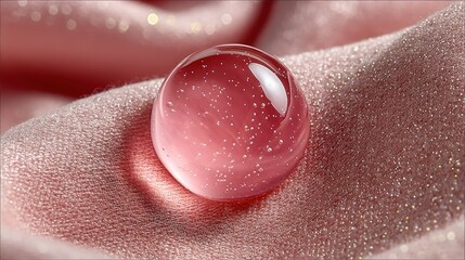Fototapeta premium Close-up of a clear pink sphere resting on a textured, shiny, light-pink fabric