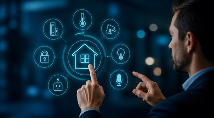 Obraz premium Smart home automation, man and interface for residential security, energy management and lighting control. Digital technology, innovative system and house networking with iot and a remote app.