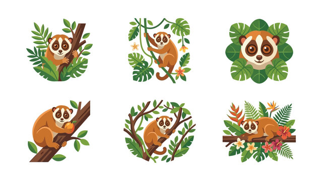Cute Slow Loris Wildlife Collection: Jungle Animals, Tropical Nature, Vector Art