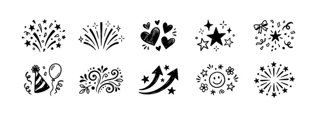 Celebration doodle element set featuring fireworks hearts stars party hat balloon confetti swirls icons hand drawn black sketch graphics for festive design projects holiday events decoration. © mr.shawn007