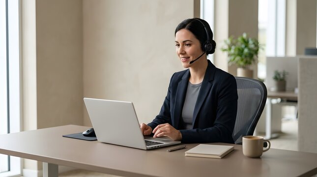 Smiling female customer service representative using laptop in office