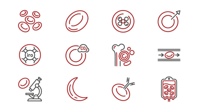Red blood cell line icons set for hematology and medical design