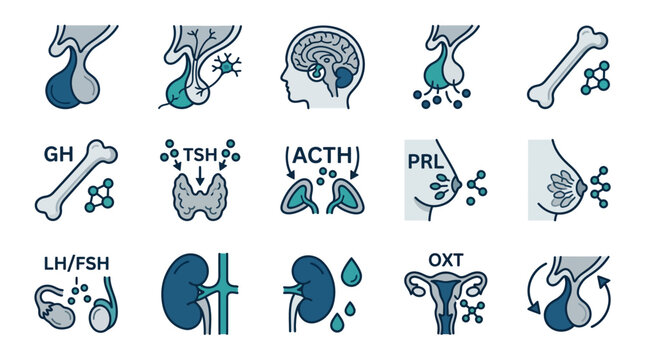 Endocrine System Icons: Human Hormones and Glands Regulation Diagram