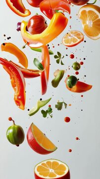Fresh vegetables and fruits falling in slow motion with spices and sauce droplets, a vibrant explosion of healthy ingredients isolated on a white background for cooking concepts