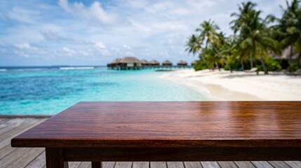 Fototapeta premium Empty polished mahogany table in sharp foreground focus against a blurred backdrop of a breathtaking tropical beach with sapphire waters.