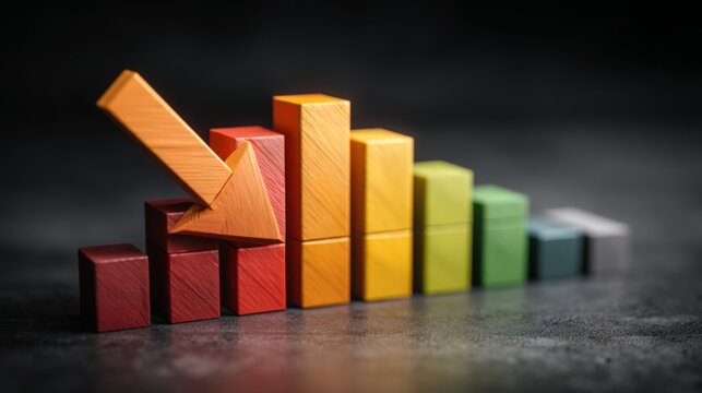 Colorful Wooden Blocks in Bar Graph with Orange Arrow Representing Downward Trend in Business or Finance Analysis