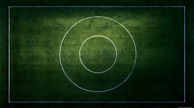 Overhead view of a green sports field with white painted circles and rectangle boundary lines