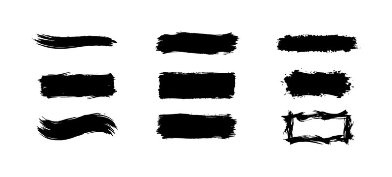 Set of black ink brush strokes and paint rectangles for design projects. Hand drawn artistic textures for creative layouts, labels, frames, logos or minimalist backgrounds in vector graphic style.