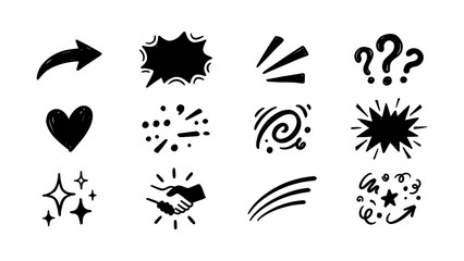 Fototapeta premium Sketchy doodle set with hand drawn arrows, speech bubbles, hearts, question marks, and abstract design elements, perfect for creative projects.