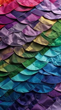 Abstract wavy scales texture background animation showing a colorful gradient wave of satin fabric with vibrant red, pink, blue, green, and yellow moving shapes
