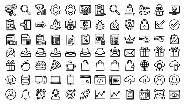 seo, optimization, cyber, security, website, analytics, business, accounting, checklist, email, phishing, shield, browser, server, database, dashboard, workflow, gift, burger, apple, outline, icon, ed