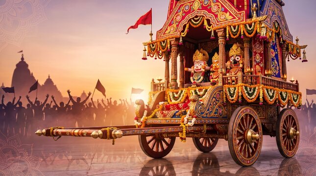 Bright vivid colorful chariot illustration above silhouette crowd honoring divine jagannath ratha yatra puja celebration representing beautiful ancient ratha yatra festival culture
