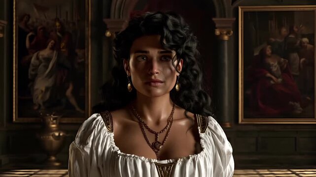 Europe medieval lifestyle. A detailed, realistic portrait of a woman in a classical setting. She has dark.