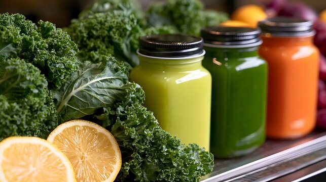 Vibrant display of fresh natural juices in clear bottles accented by lush green foliage and colorful citrus slices at a modern juice bar