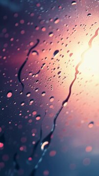 Raindrops falling down a window pane at night, creating abstract rivulets with colorful city lights bokeh reflecting on the wet glass surface during a downpour
