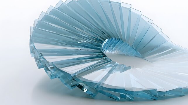 Abstract 3D Glass Wave Structure with Layered Translucent Blue Gradient Shapes on a Light Background, 3d render Stock Illustration