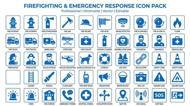 Firefighting and emergency response icon pack, minimalist blue vector symbols for fire safety and rescue services, professional first responder icons