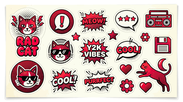 Y2K Vibes Retro Cat Stickers: Rad Cat, Cool, Purrfect, Meow Pop Art