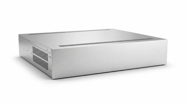 Brushed silver metallic server chassis case with ventilation slots isolated on a solid white background