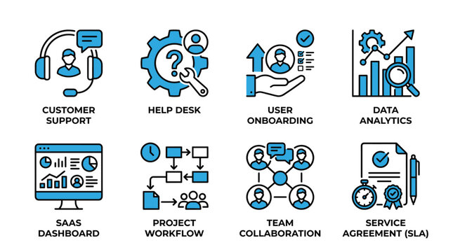 Modern business management icons set, professional SaaS dashboard and customer support vector symbols, corporate project workflow and data analytics graphics