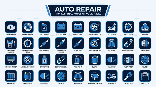 Auto repair service icons set, professional automotive maintenance vector collection, blue car mechanic garage symbols for workshop branding