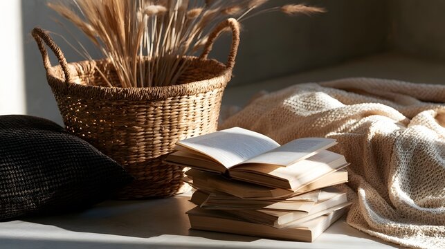 A cozy book nook bathed in warm afternoon sunlight featuring stacked books and woven accessories for literary inspi n