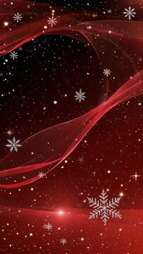 Elegant red christmas background featuring falling snowflakes, sparkling stars, and shimmering particle waves for a festive and magical winter holiday celebration