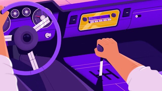 Manual Car Gear Shift Driving Interior Dashboard Close Up 2D Animation